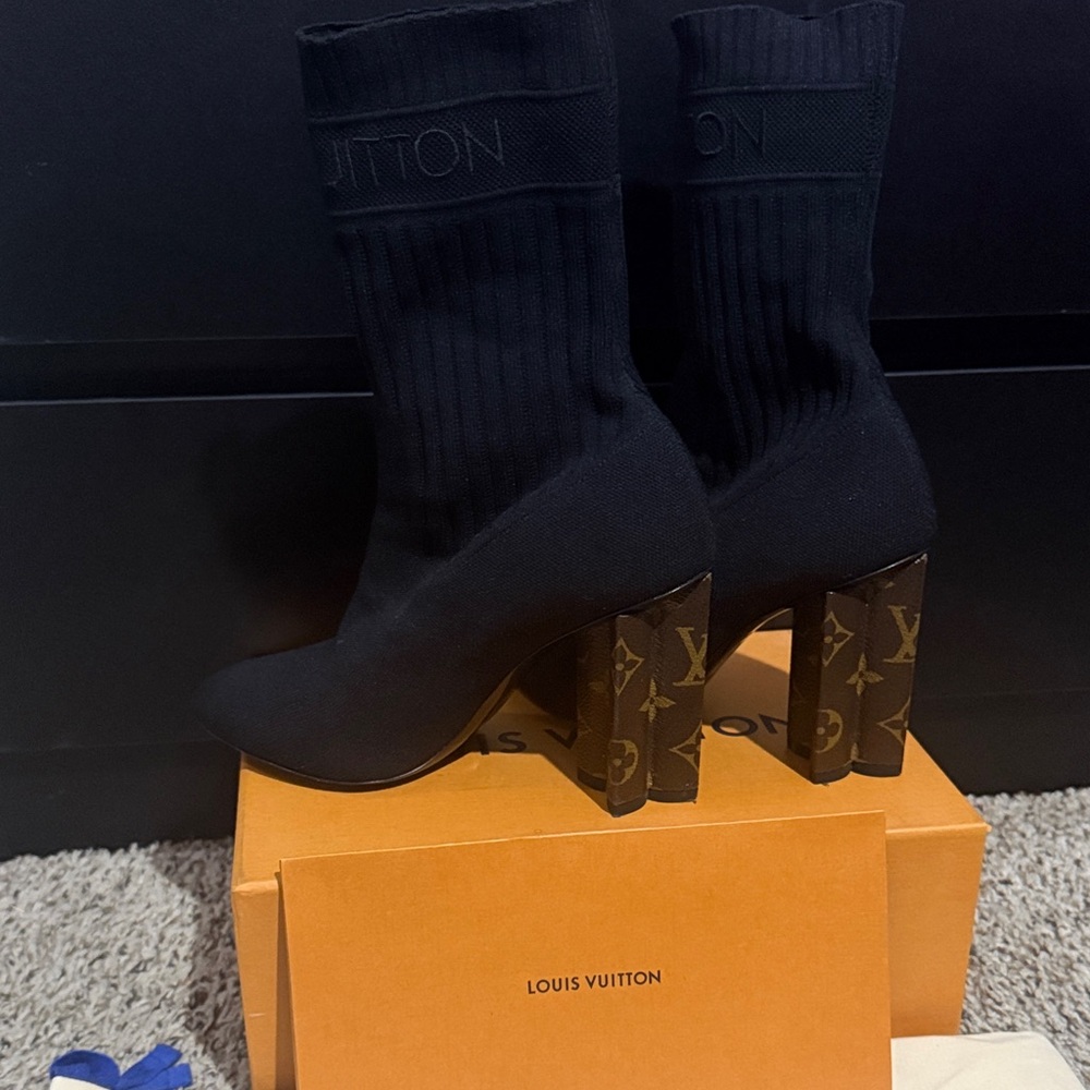 Louis Vuitton Black Heeled Boots with Monogram Block Heel